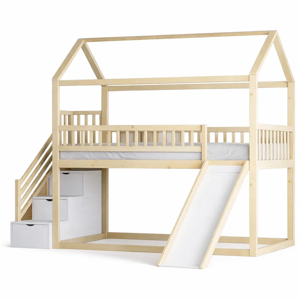 Lit superposé enfant avec toboggan et escalier de rangement 90x200cm, cadre en bois massif, sans matelas