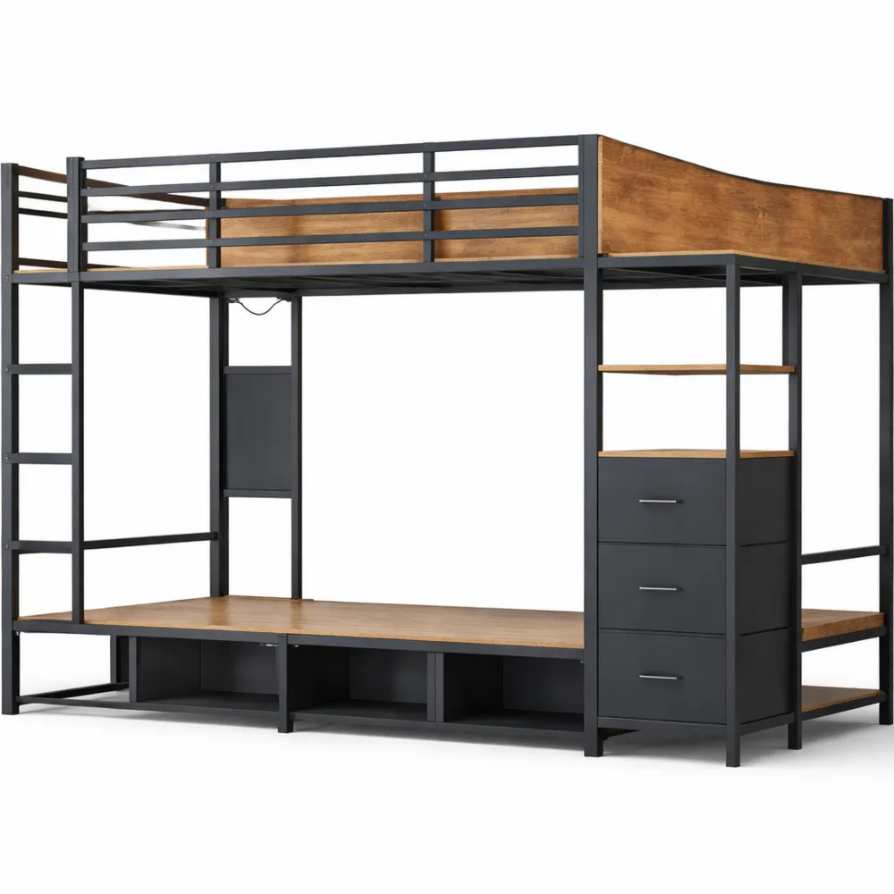 Lit mezzanine double avec éclairage LED et ports USB, espaces de rangement et tringle