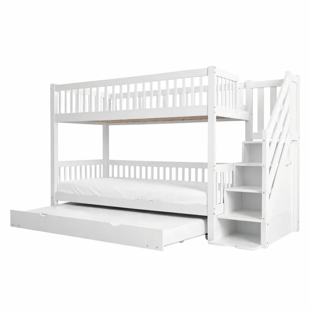 Lit mezzanine avec lit escamotable et échelle de rangement, 90x200/190 cm avec barrière de sécurité