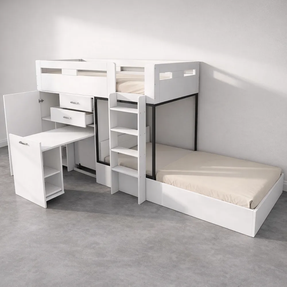 Lit mezzanine multifonctionnel avec bureau intégré et rangement 90 x 200 cm