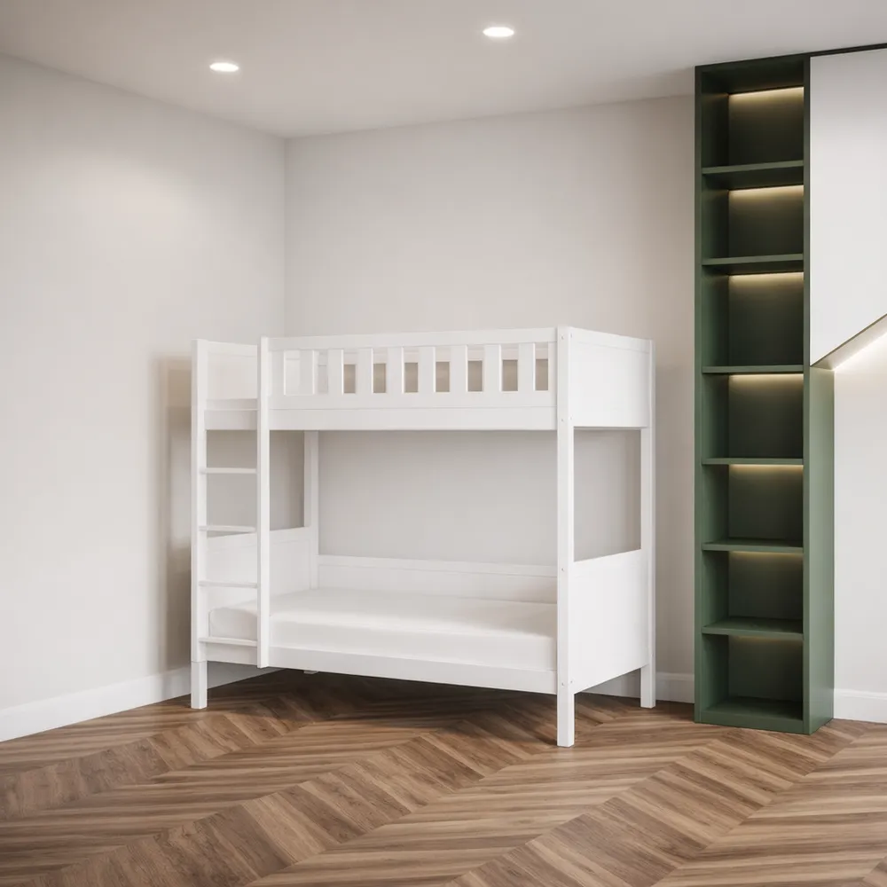 Lit superposé en bois de pin avec panneaux de protection et échelle