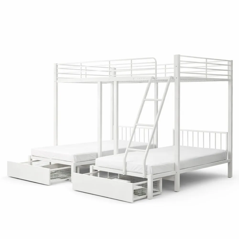 Lit superposé triple avec tiroirs et échelle de sécurité, structure en métal, espace de rangement, 90/140 x 200 cm, blanc