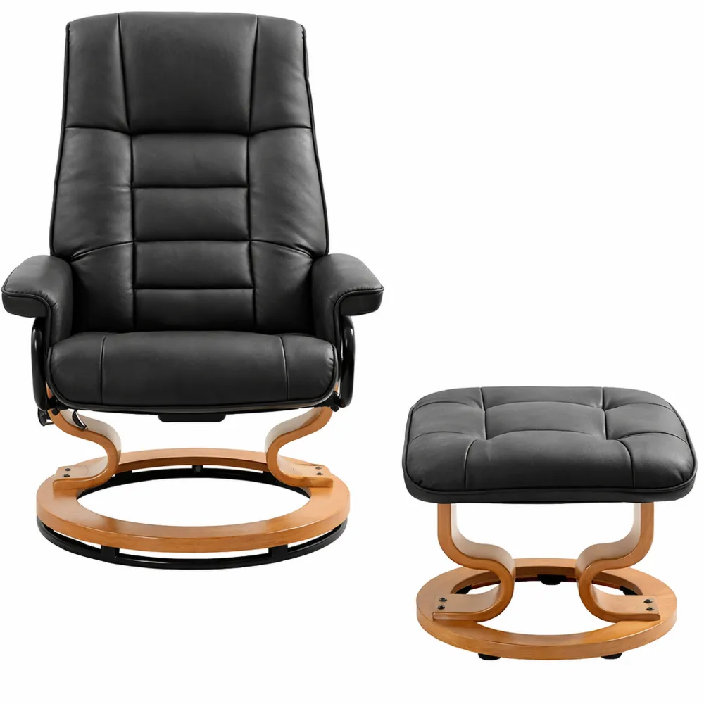 Fauteuil inclinable avec repose-pied rotatif en bois et simili cuir noir