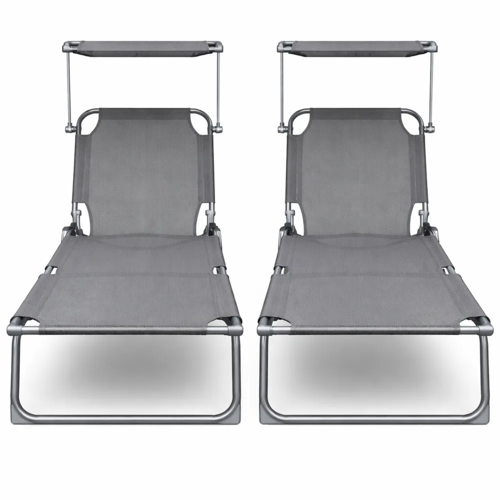 Ensemble de 2 chaises longues pliables en textilène avec pare-soleil, inclinables, gris