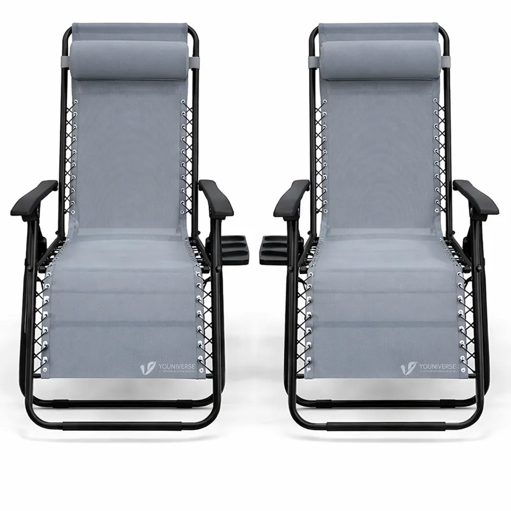 Paire de chaises longues pliantes avec support de gobelet et coussin amovible, capacité 120 kg, gris