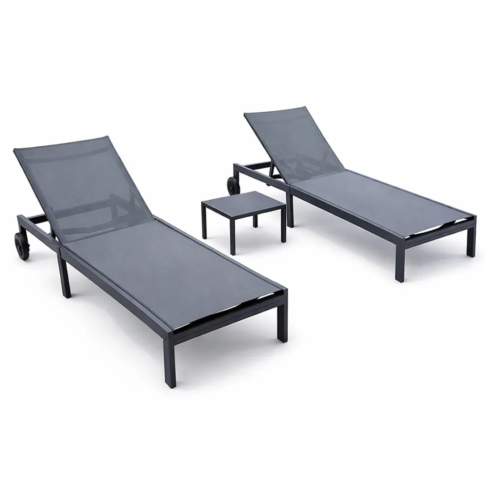 Lot de 2 Transats de Jardin avec Table et Roulettes, Charge Maximale 150 kg, Couleur Gris