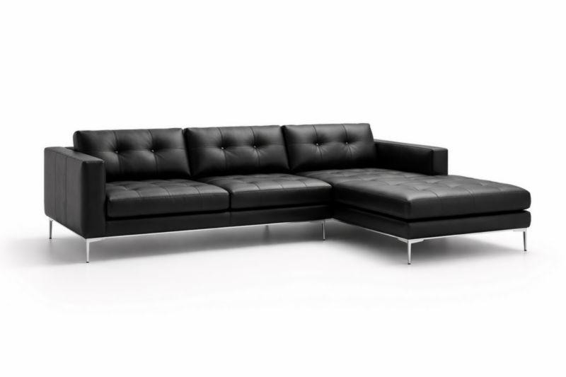 Canapé d'angle en cuir noir avec pieds en aluminium, 275 x 210 x 85cm