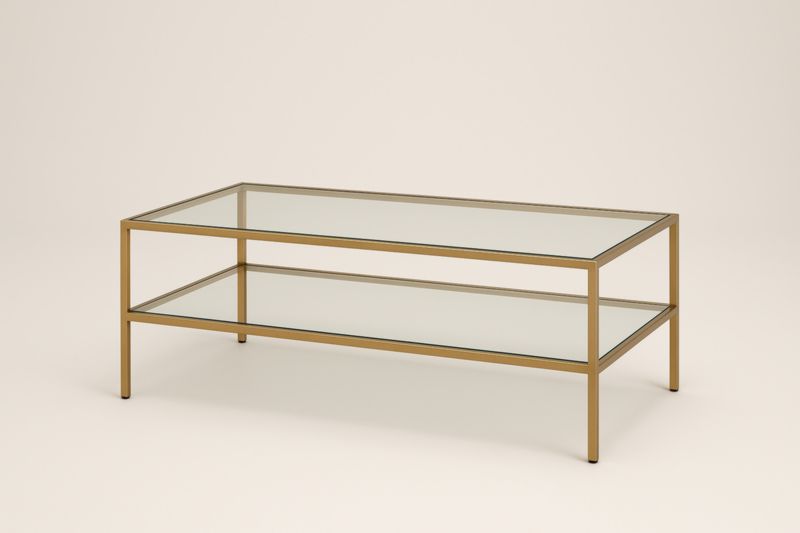 Table basse en verre trempé avec structure en acier finition laiton – 110×60×40 cm