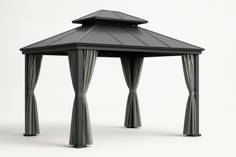 Pavillon de jardin en aluminium 300x400 cm avec toit en acier et rideaux en polyester gris