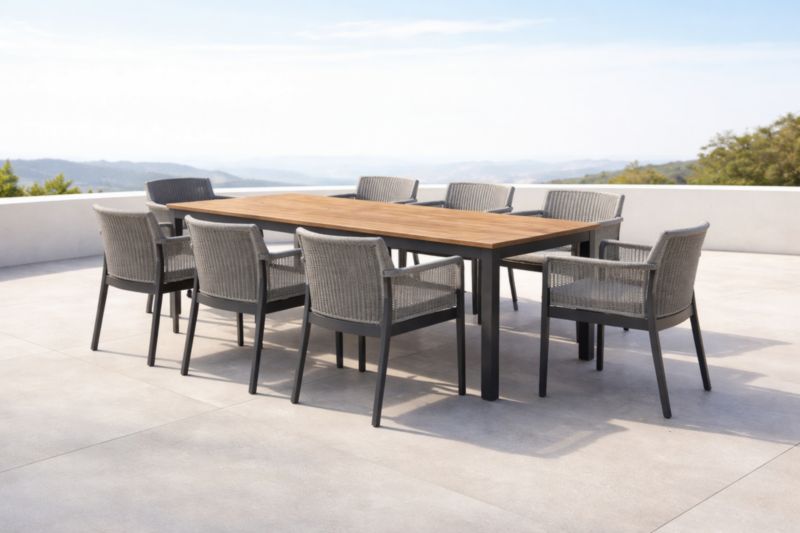 Table de Salle à Manger Extérieure en Teck et Aluminium avec 8 Chaises en Résine