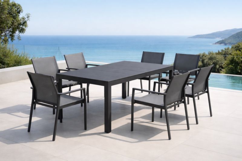 Ensemble de Salle à Manger d'Extérieur en Aluminium Noir avec 1 Table et 7 Chaises