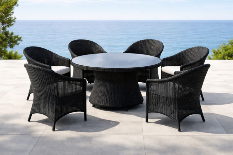 Ensemble de Salle à Manger Extérieur Rotin Noir 6 Places Table Verre Ronde