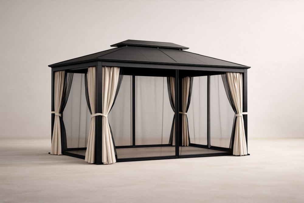 Tonnelle de Jardin en Aluminium avec Toit en Acier et Rideaux
