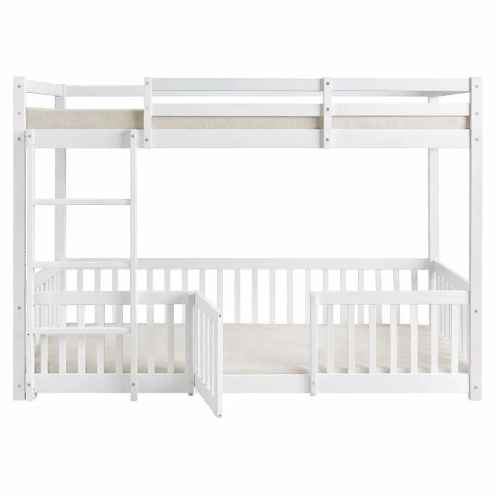 Lit superposé 200x90 cm avec escalier et barrière de sécurité, bois massif blanc-Woodbrookx