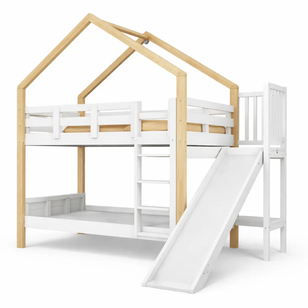 Lit superposé enfant avec toboggan et échelle, sécurité renforcée, 90x200 cm-Woodbrookx