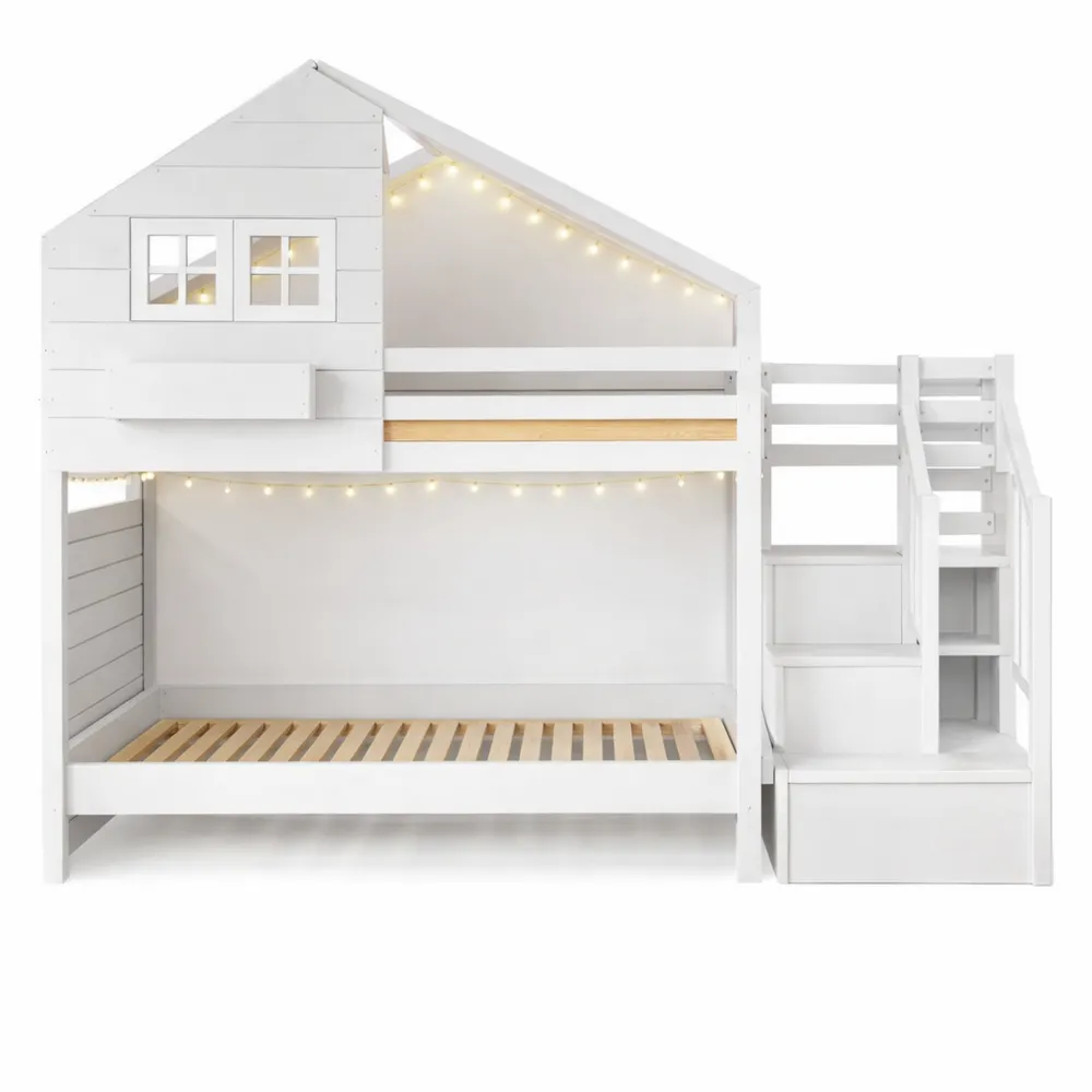 Lit Superposé 90x200cm avec Toboggan et Escaliers de Rangement-Woodbrookx