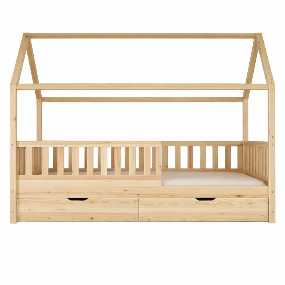 Lit pour Enfants en Bois Naturel avec Tiroirs et Protection Anti-Chute-Woodbrookx