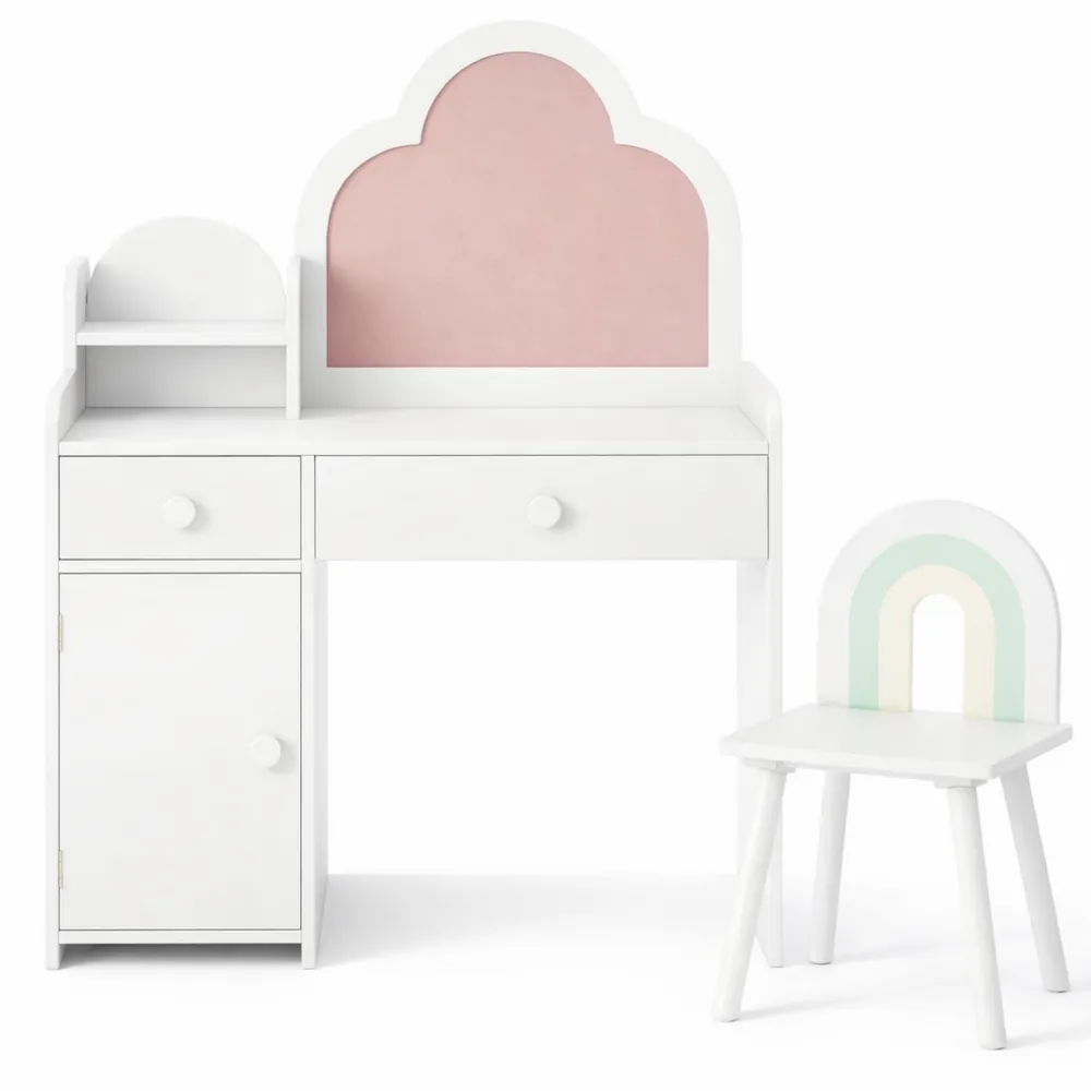 Coiffeuse Enfant avec Miroir Amovible et Tabouret, Meuble de Maquillage avec Rangement, Blanc-Woodbrookx