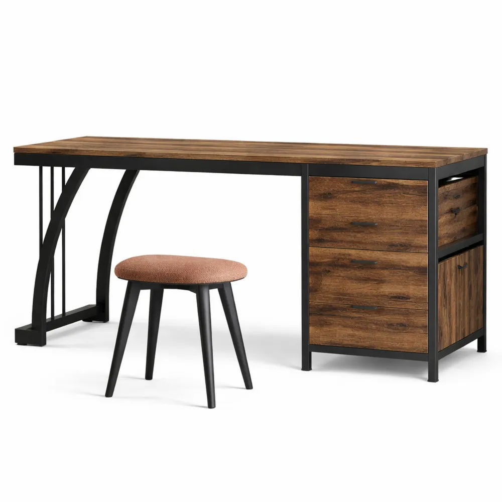 Table de maquillage chic 150 cm avec 3 tiroirs réversibles en marron rustique-Woodbrookx