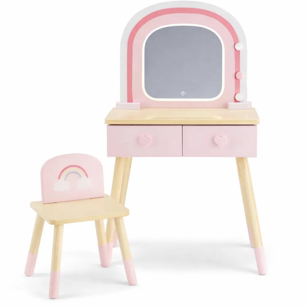 Table de maquillage enfant avec miroir LED et lumière ajustable, tabouret inclus-Woodbrookx