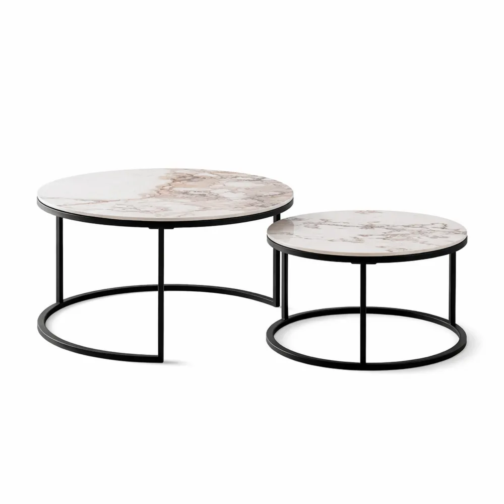 Tables Basses Rondes Modernes en Marbre et Pierre, Structure Métal Noir-Timbercre
