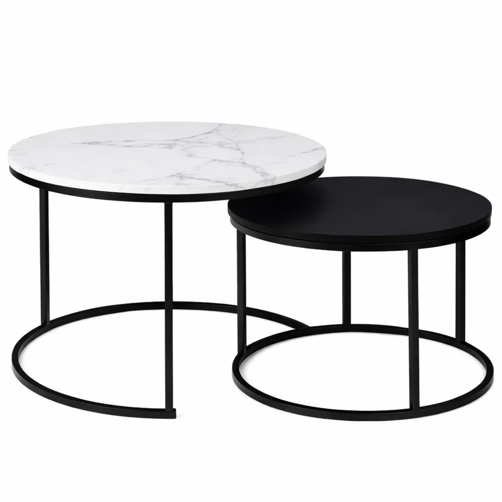 Ensemble de 2 Tables Basses Rondes Effet Marbre et Métal-Timbercre