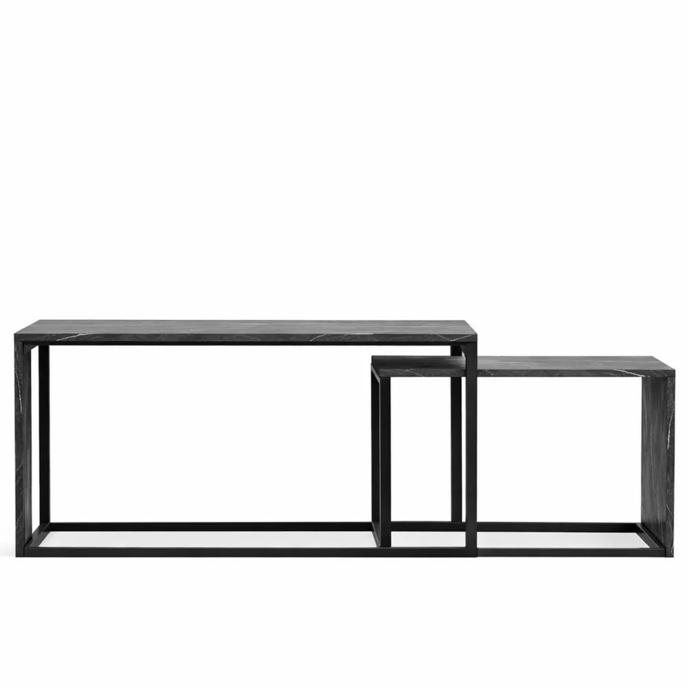 Ensemble de 2 Tables Basses Industrielles Métal Noir Effet Marbre-Timbercre