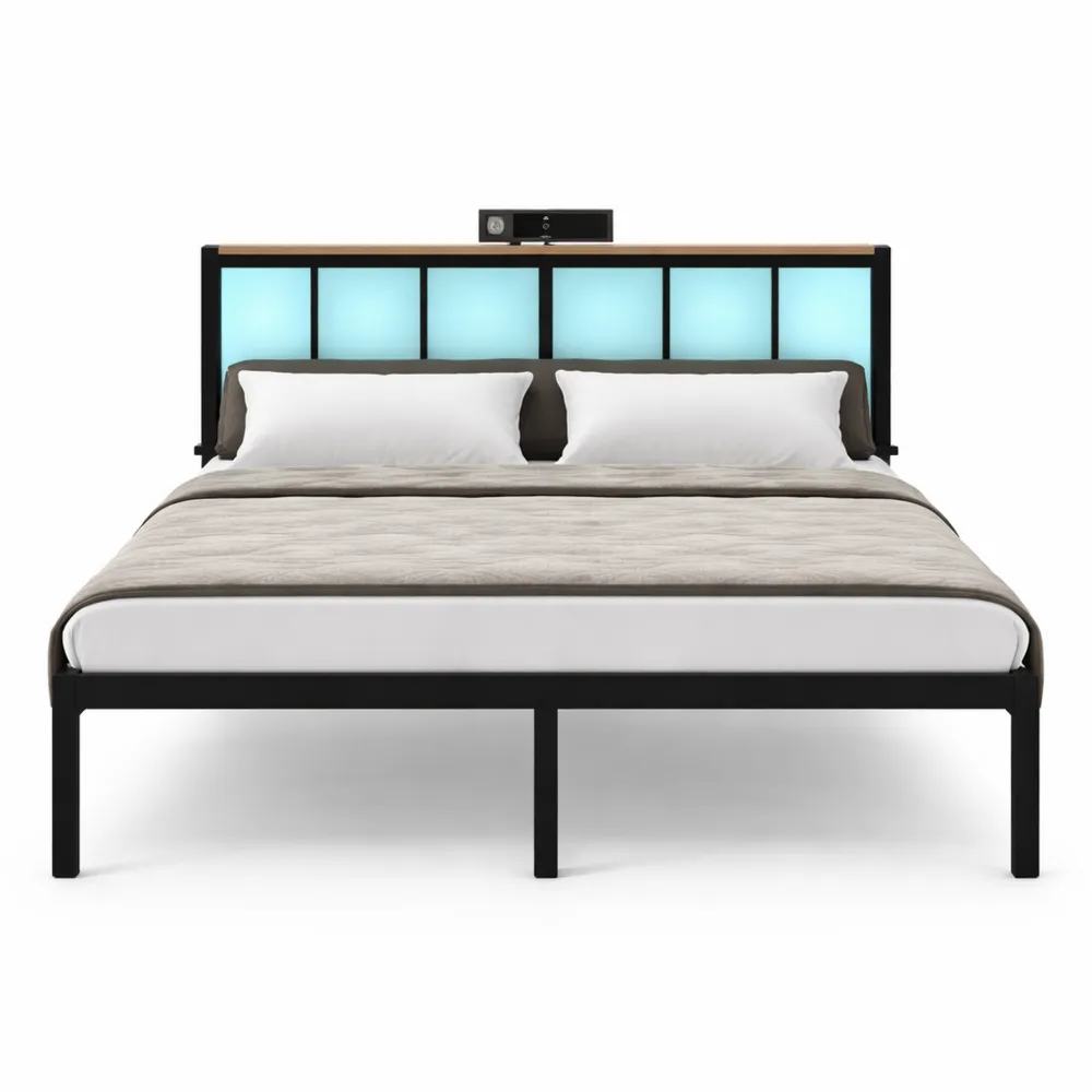 Lit double en métal 140x190 cm avec lumière LED et rangement intégré-Timbercre