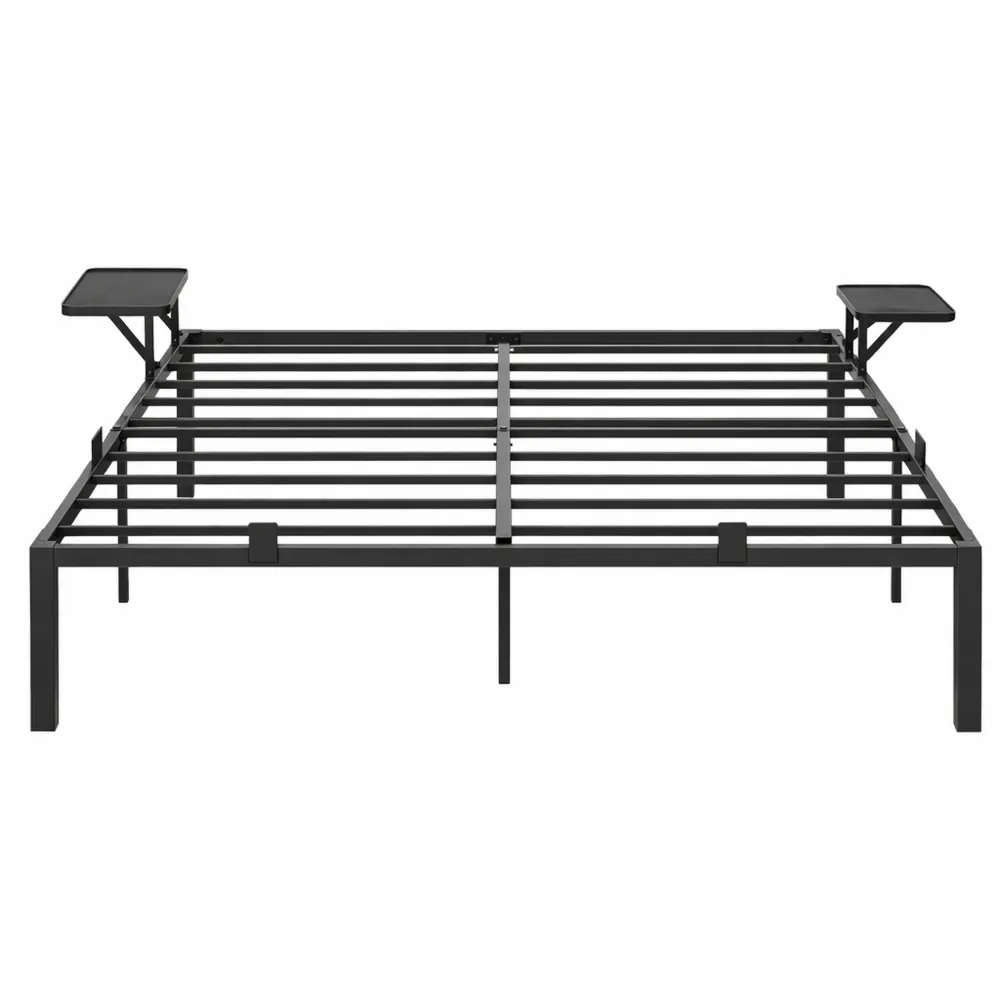 Lit en métal 140x190 avec rangement et tête de lit, montage facile, noir-Timbercre