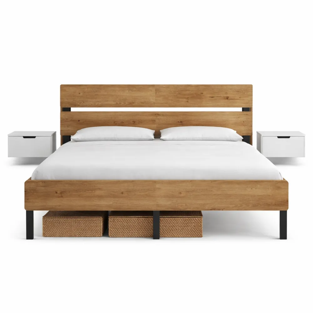 Lit Double avec Sommier Métal et Éclairage LED, Ports USB/C, Rangement, Style Industriel, Montage Facile-Timbercre