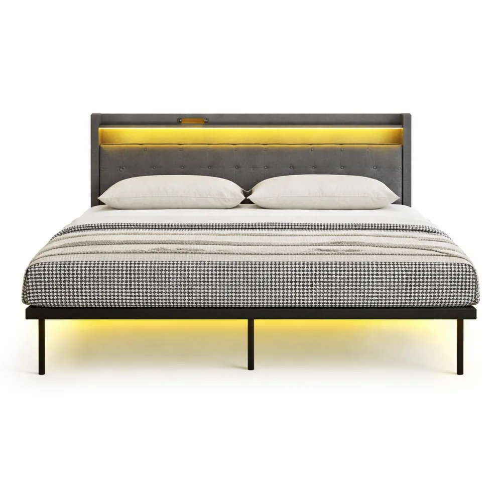 Lit Flottant 2 Places avec LED RGB et Étagères-Timbercre