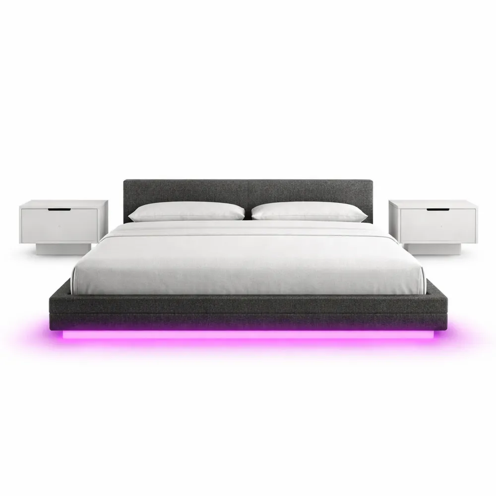 Lit Double 140x200 cm avec Chargeur et LED, Sommier Intégré, Facile à Monter-Timbercre