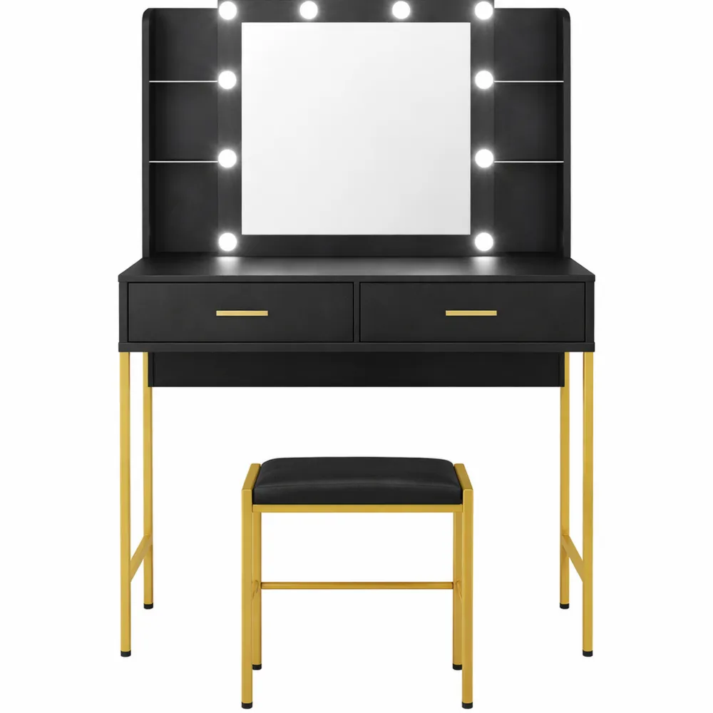 Table de Maquillage Moderne avec Lumière et Rangement, Noire-Timbercre