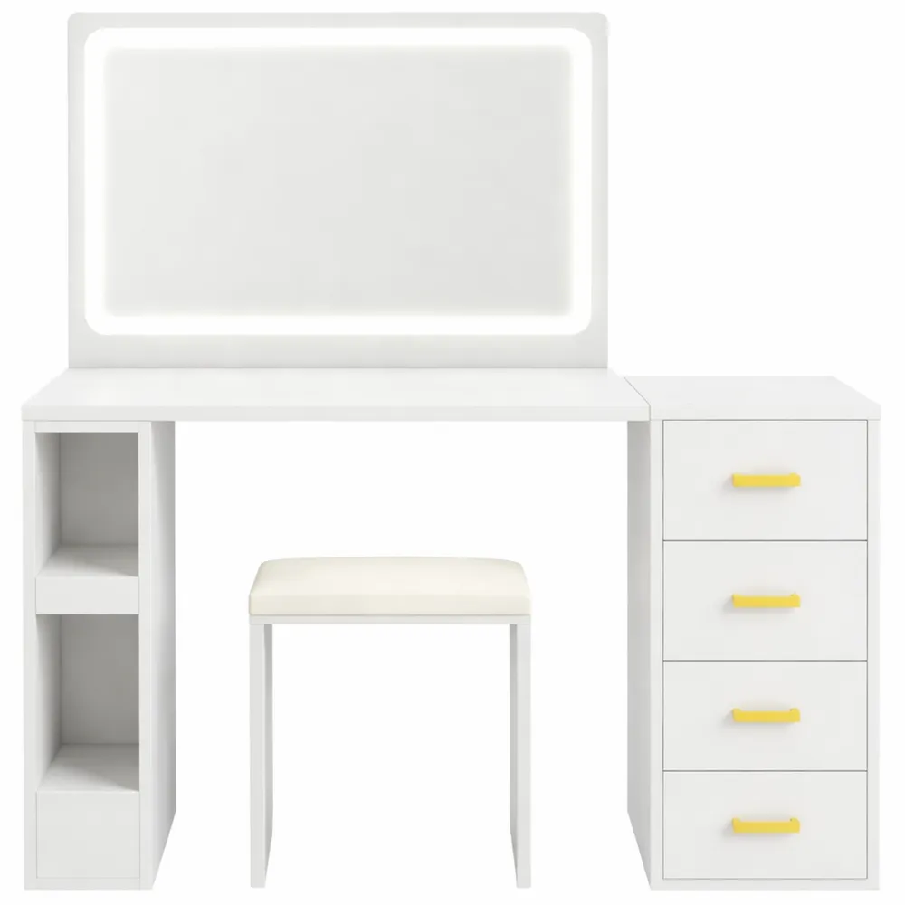 Table de maquillage moderne avec miroir LED et siège, blanc-Timbercre