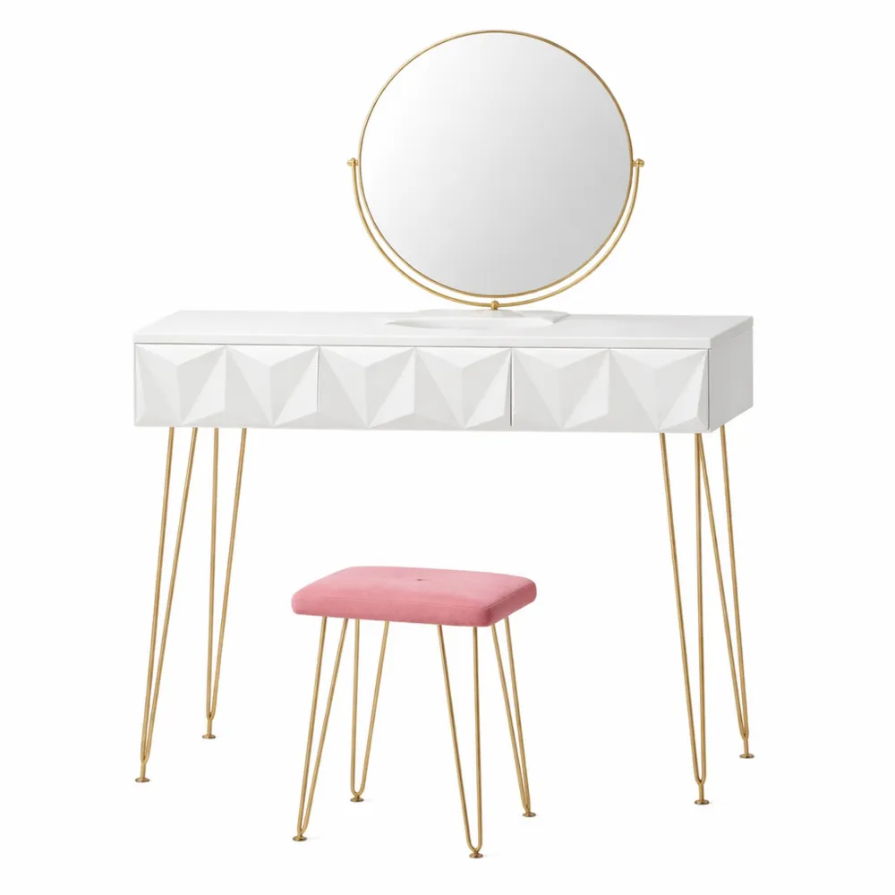 Table de Maquillage avec Miroir et Tabouret, 3 Tiroirs, Effet 3D, Plateau Brillant 100 cm, Design Moderne-Timbercre