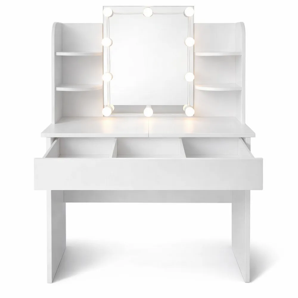 Coiffeuse avec miroir LED et rangement, table de maquillage moderne blanche-Timbercre