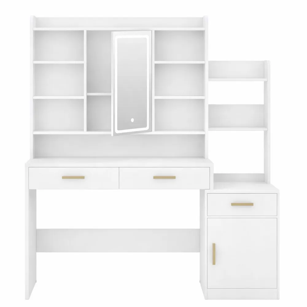 Table de maquillage avec miroir et éclairage LED réglable, espaces de rangement multiples-Timbercre