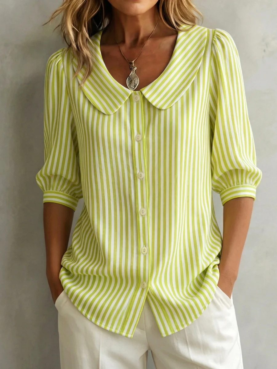 New Arrivals🔥 Women's Retro Peter Pan Collar Striped Cotton Linen Shirt