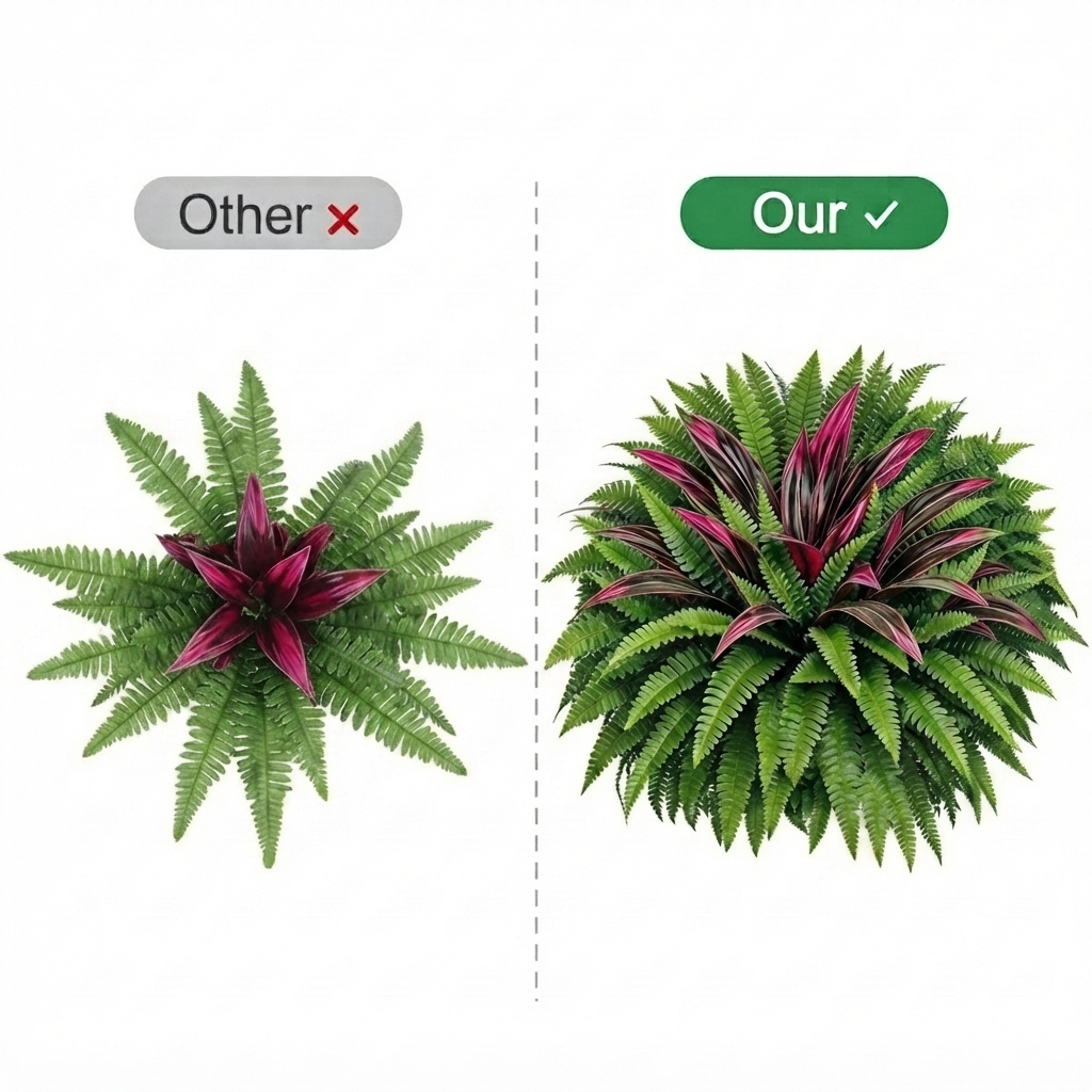 Full artificial fern compared with a sparse decorative bundle