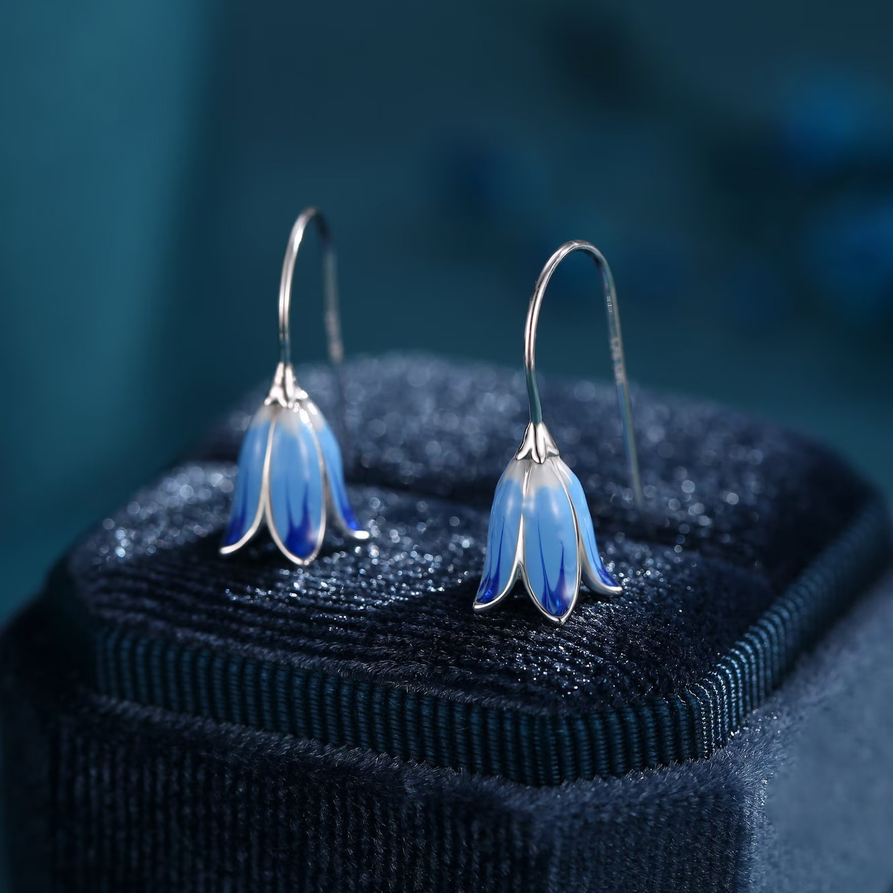 Sterling Silver Bluebell Flower Drop Hook Earrings