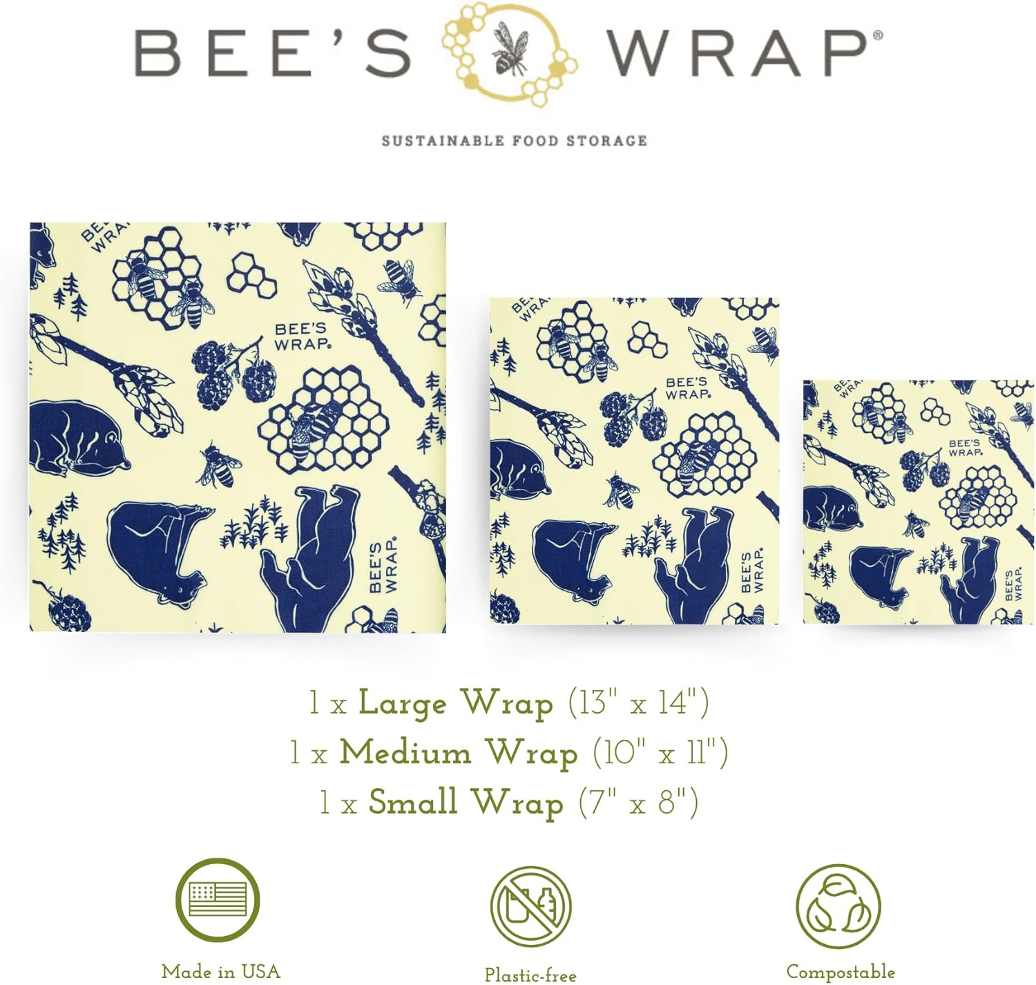Beeswax Food Wraps: Honey Bees Set of 3