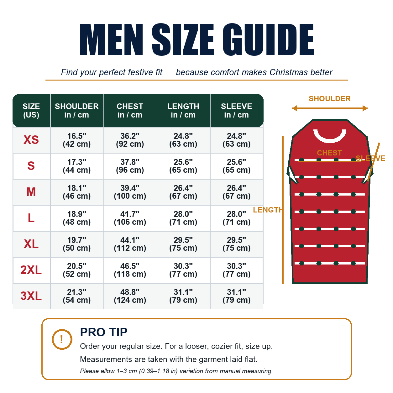 Men body-illusion Christmas sweater size guide