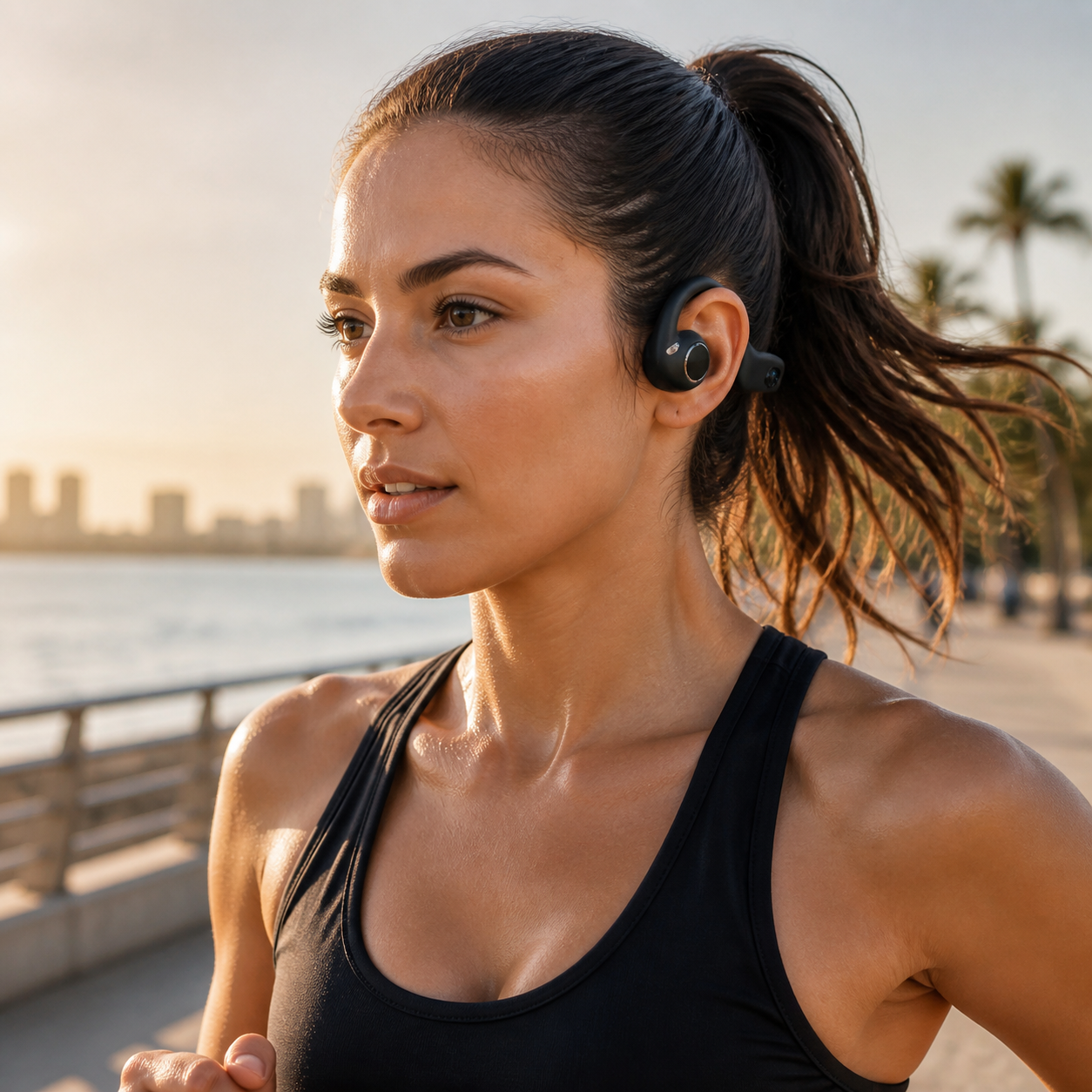 AI camera headset worn while jogging outdoors