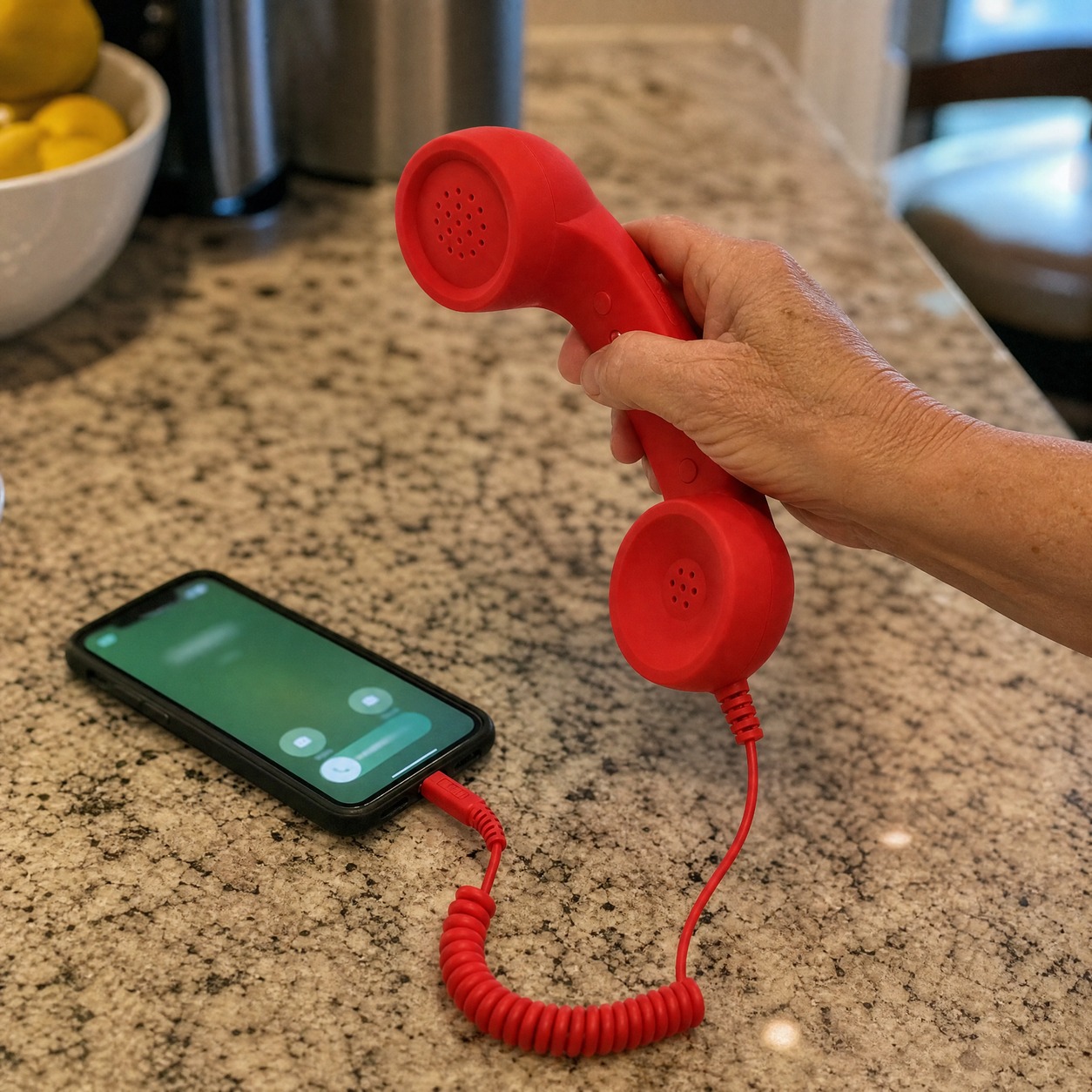 Retro wired phone handset product and lifestyle photo