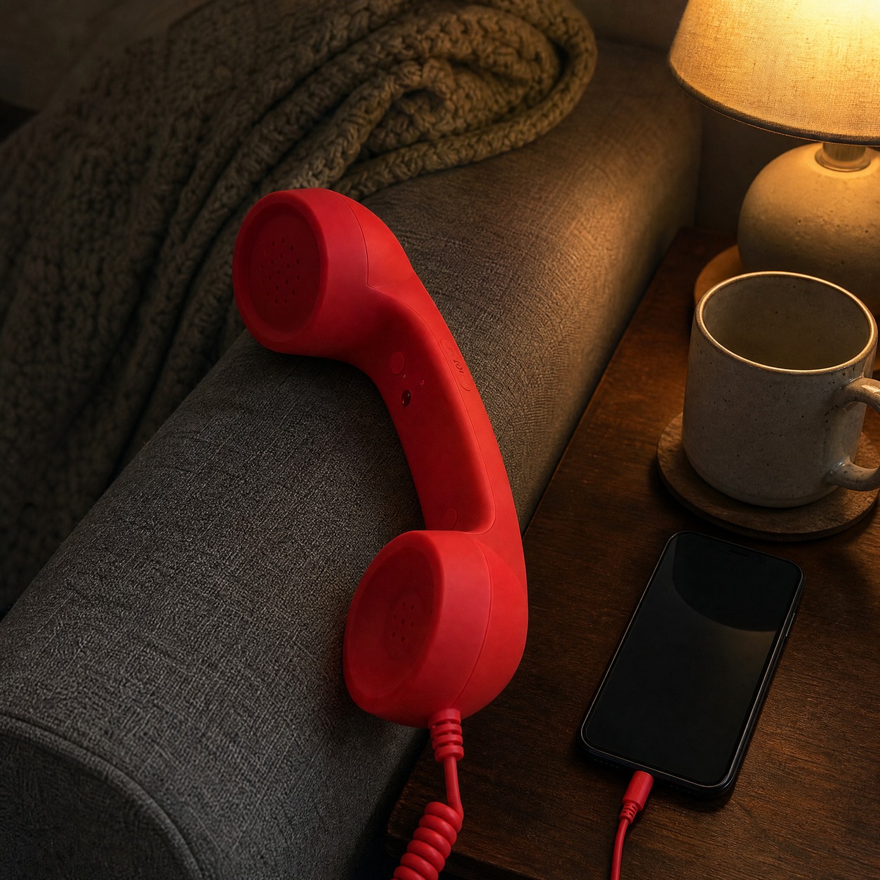 Retro wired phone handset product and lifestyle photo