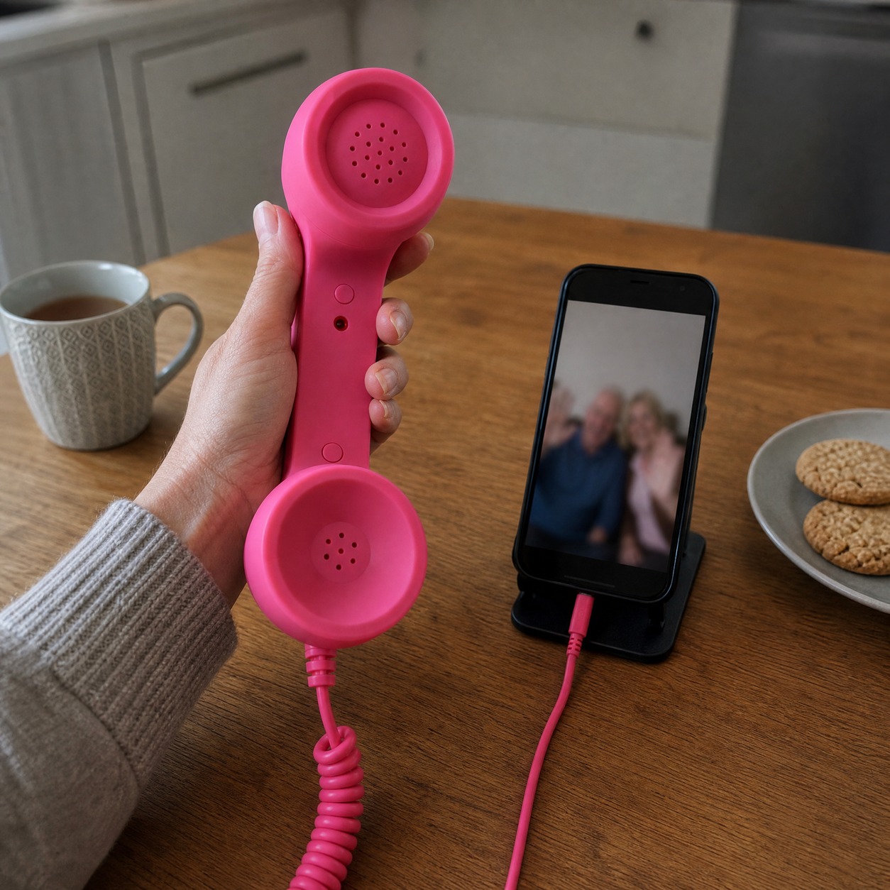 Retro wired phone handset product and lifestyle photo