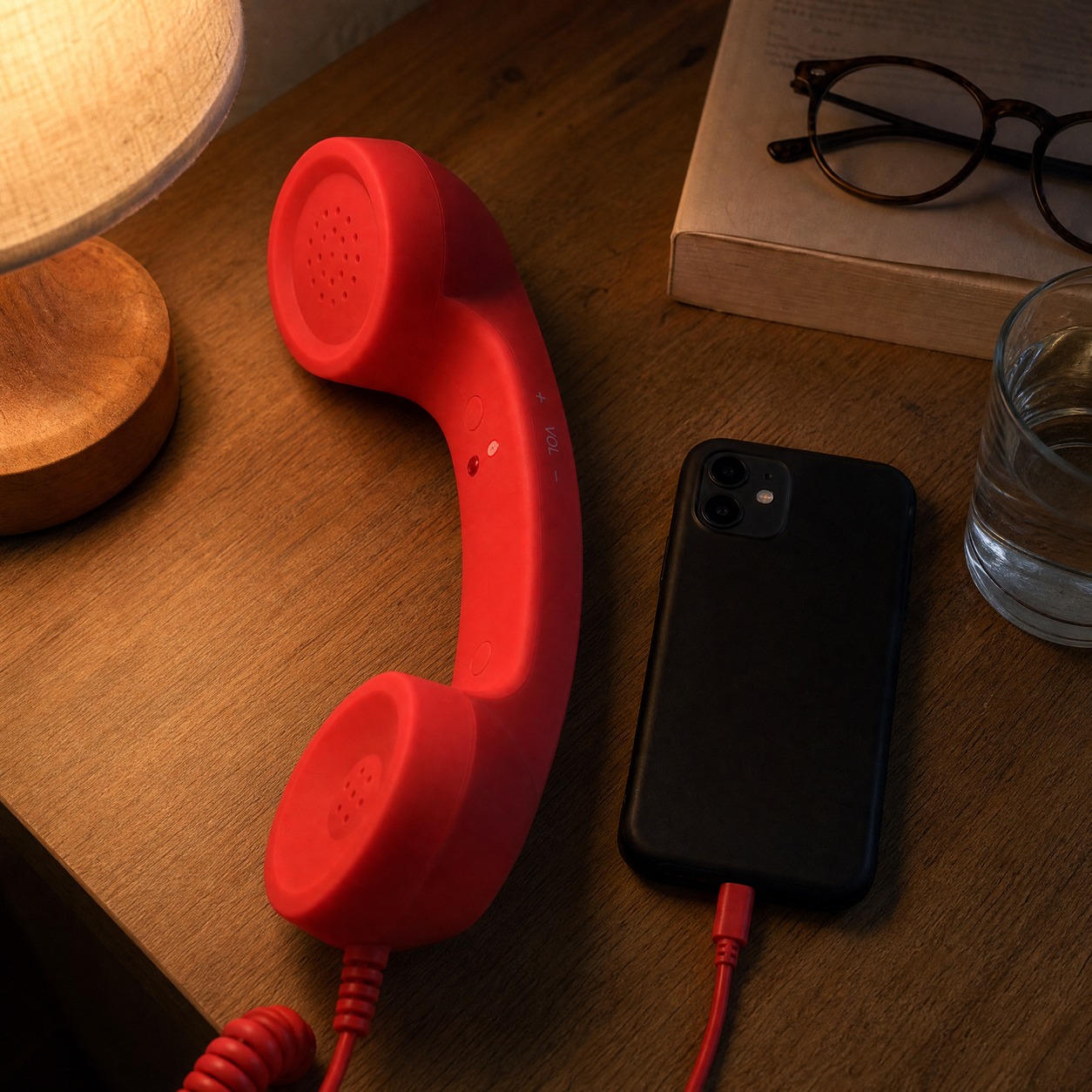 Retro wired phone handset product and lifestyle photo
