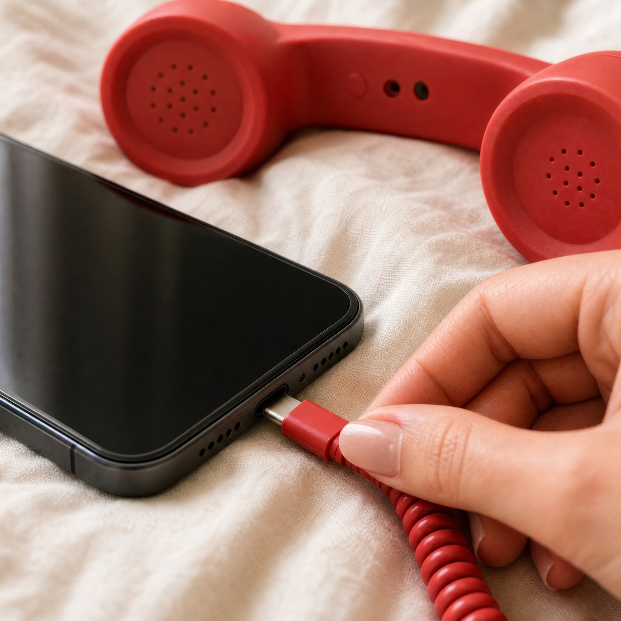 Retro wired phone handset product and lifestyle photo
