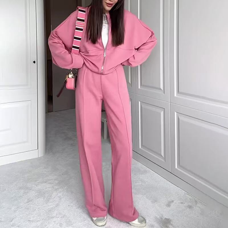 Solid Color Casual Long Sleeve Zipper Jacket and Elastic Waist Pocket Wide Leg Pants Set （Buy 2 Free Shipping)