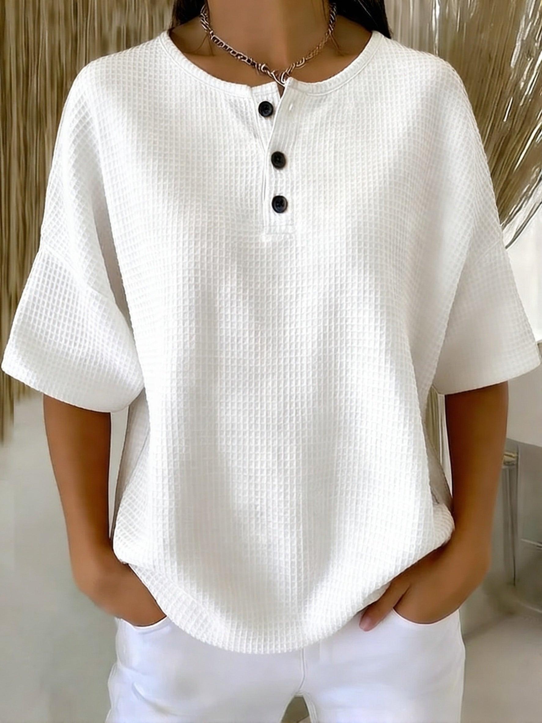 Casual Waffle Henry Collar Sweatshirt with button